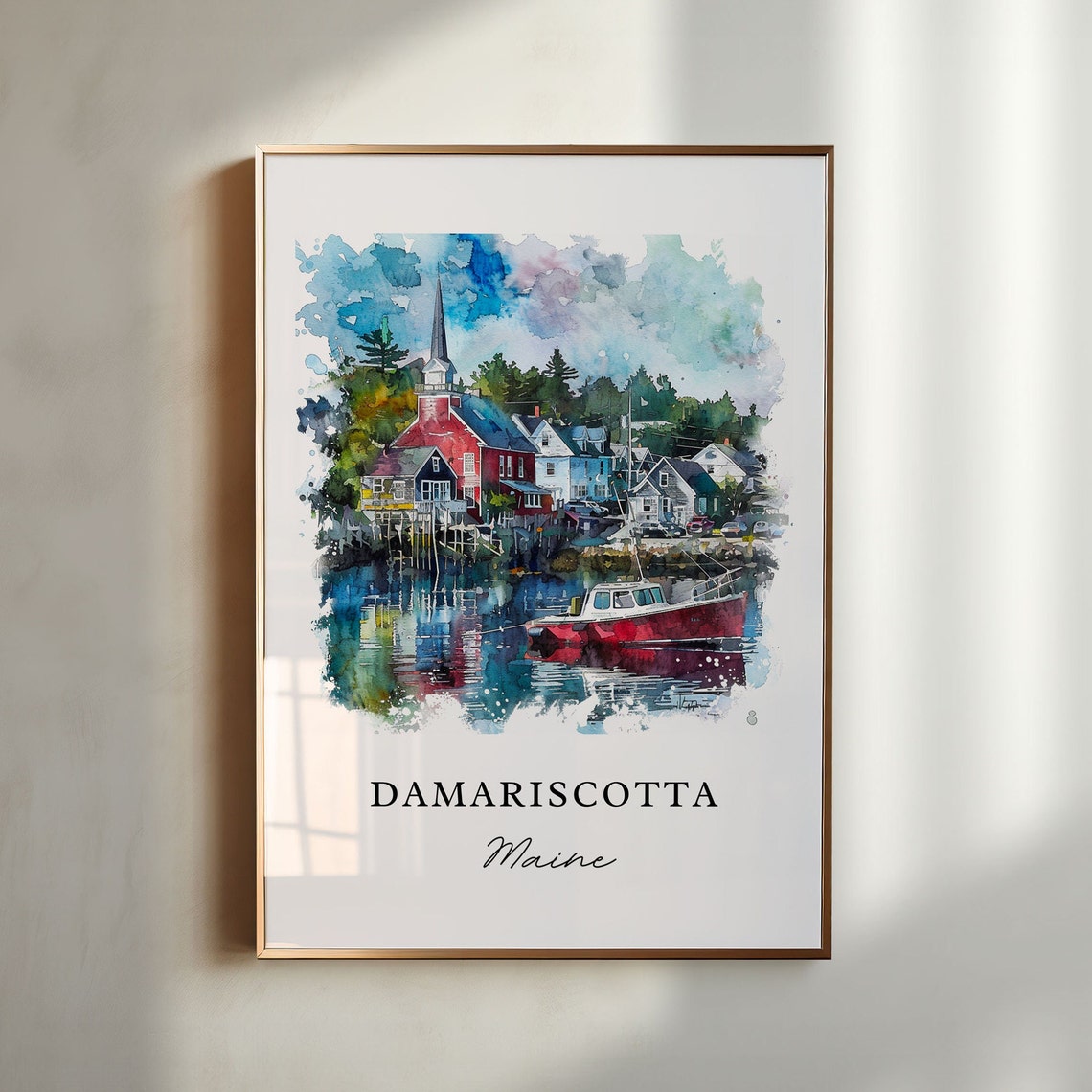 Damariscotta Maine Harbor Church Boat Watercolor Print Gift Art