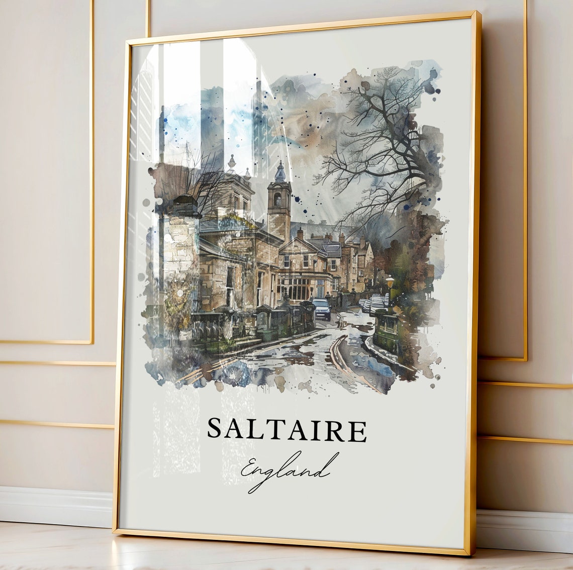 Saltaire England Historic Stone Village Watercolor Travel Poster - Image 4