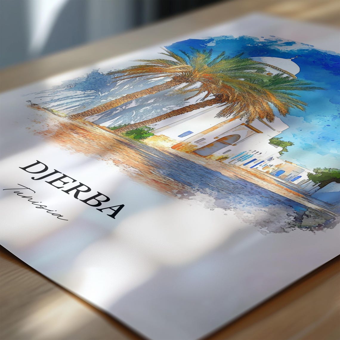 Djerba Tunisia White Mosque Palm Trees Watercolor Travel Poster - Image 6