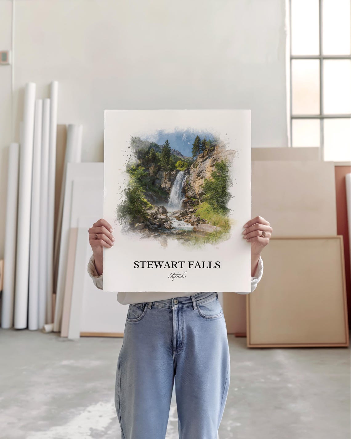 Stewart Falls Utah Watercolor Waterfall Cliffs Pine Trees Poster - Image 5