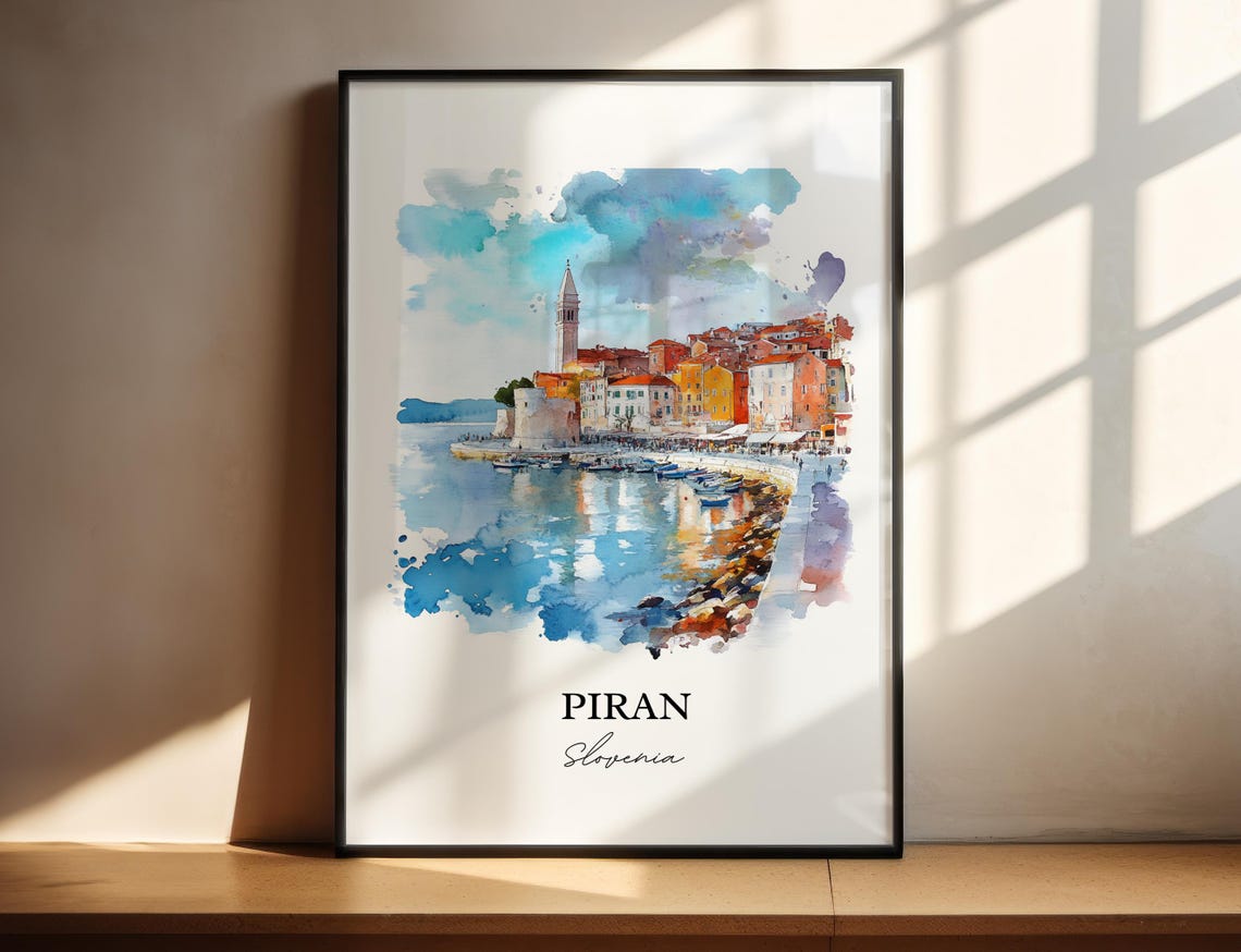 Piran Slovenia Watercolor Coastal Old Town Bell Tower Harbor Poster