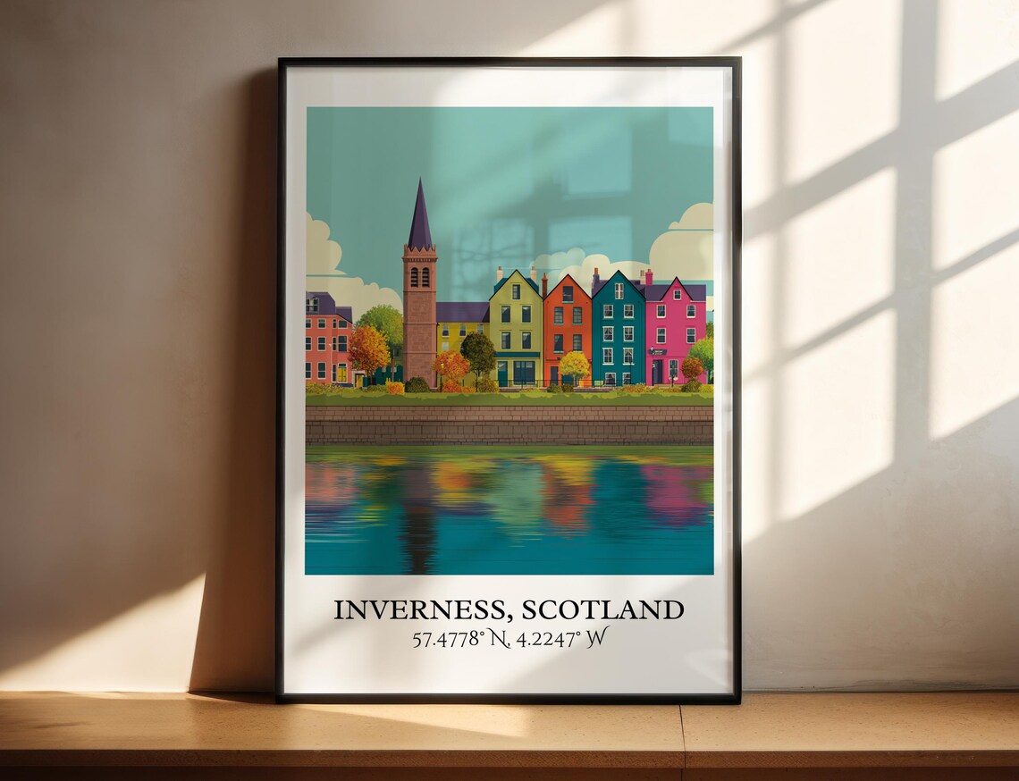 Inverness Scotland Riverside Houses Church Spire Retro Travel Poster