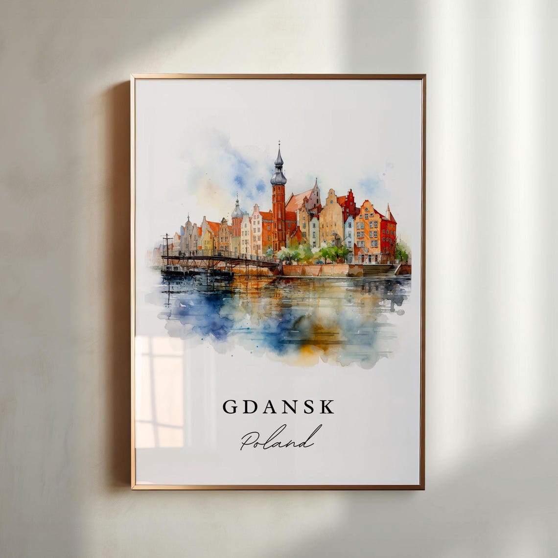 Gdansk Poland Waterfront Old Town Watercolor River Reflection Poster