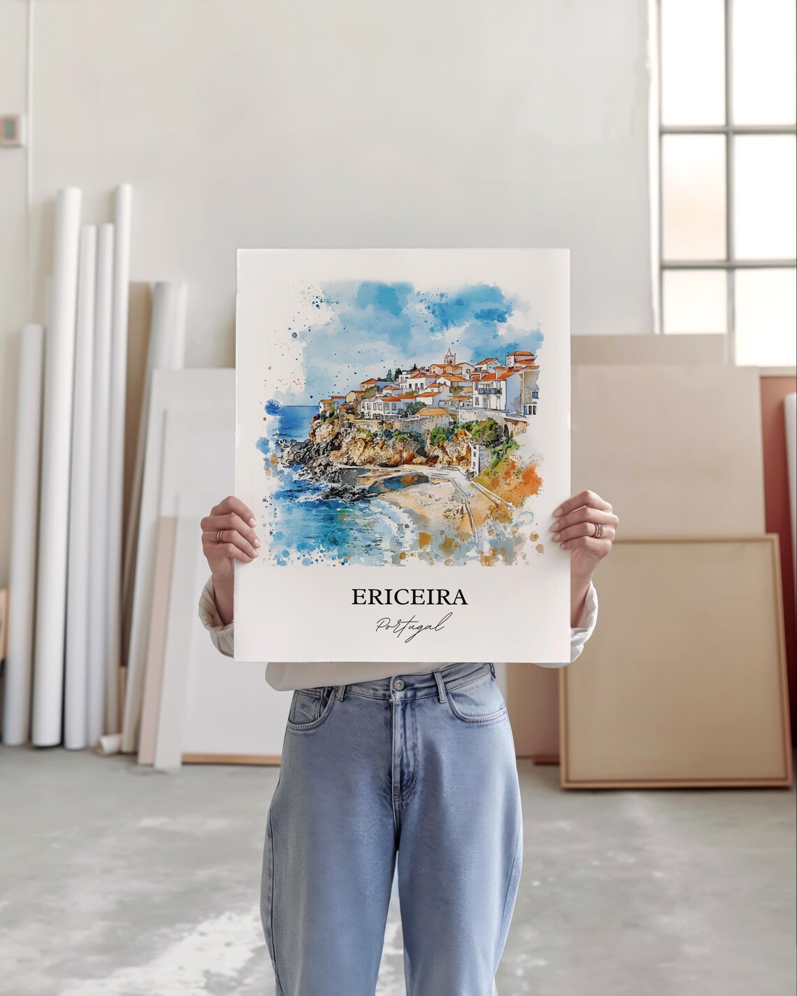 Ericeira Portugal Cliffside Fishing Village Watercolor Travel Poster - Image 5
