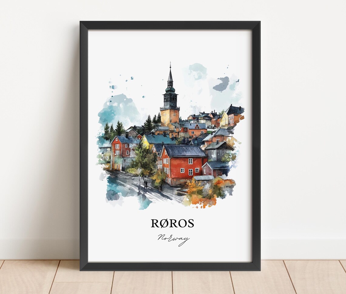Roros Norway Watercolor Wooden Town Church Tower Travel Poster - Image 3