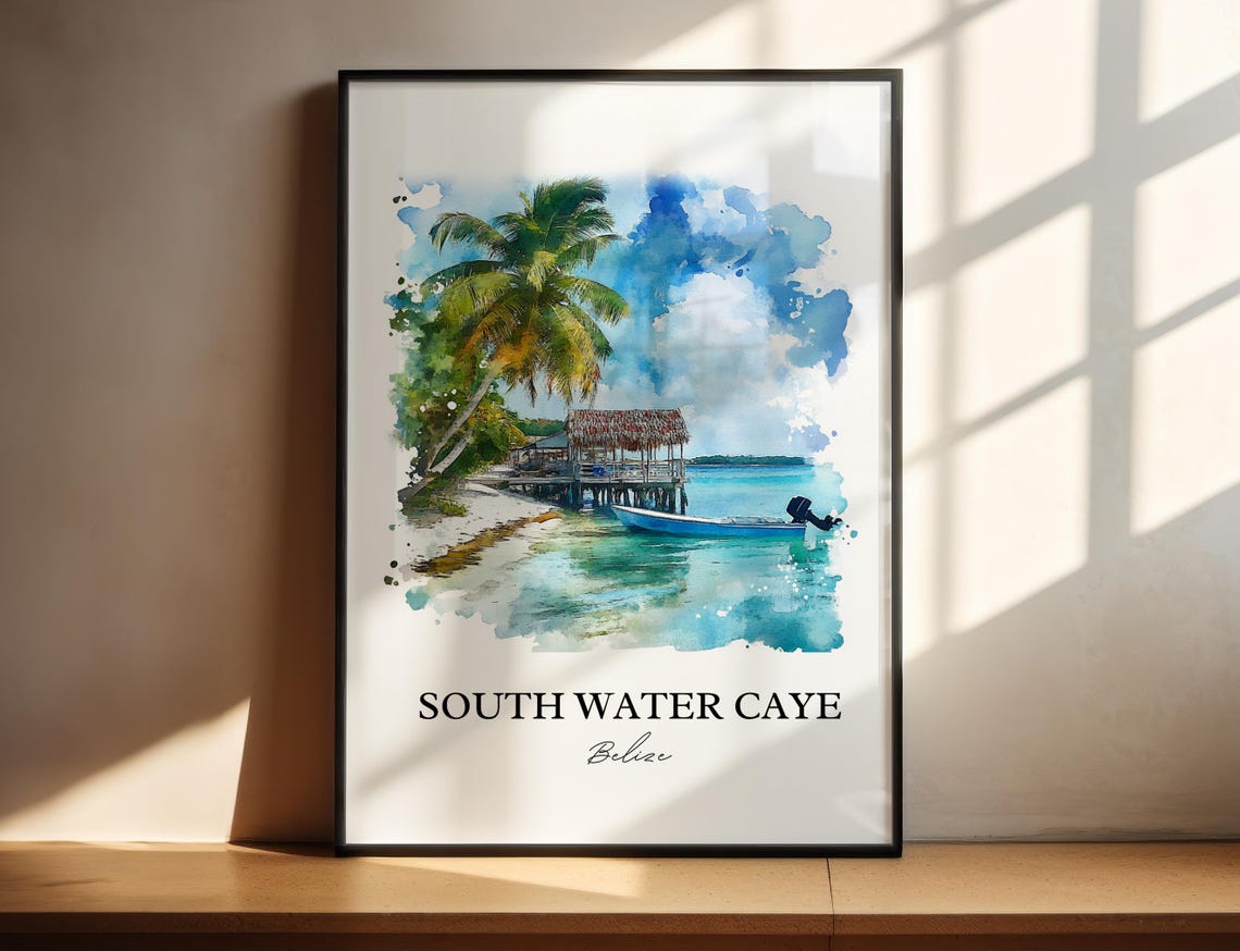 South Water Caye Belize Beach Hut Watercolor Tropical Scene Poster