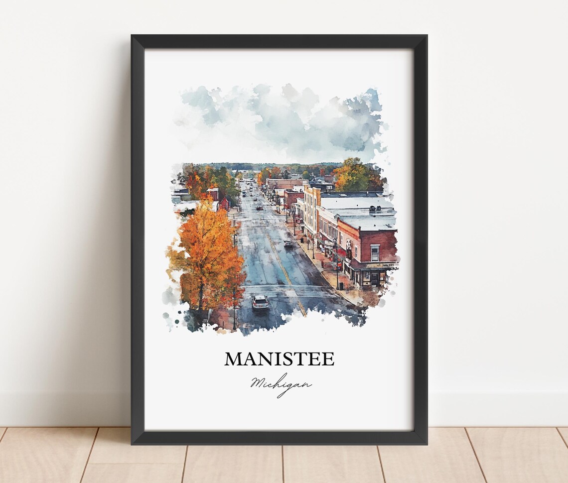 Manistee Michigan Autumn Main Street Small Town Watercolor Poster - Image 6