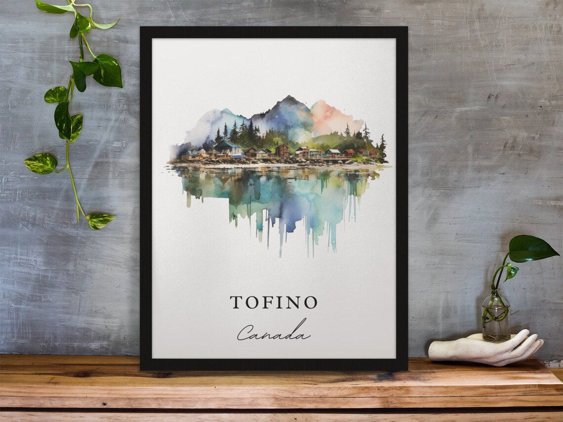 Tofino Canada Watercolor Island Village Mountain Reflection Art Poster