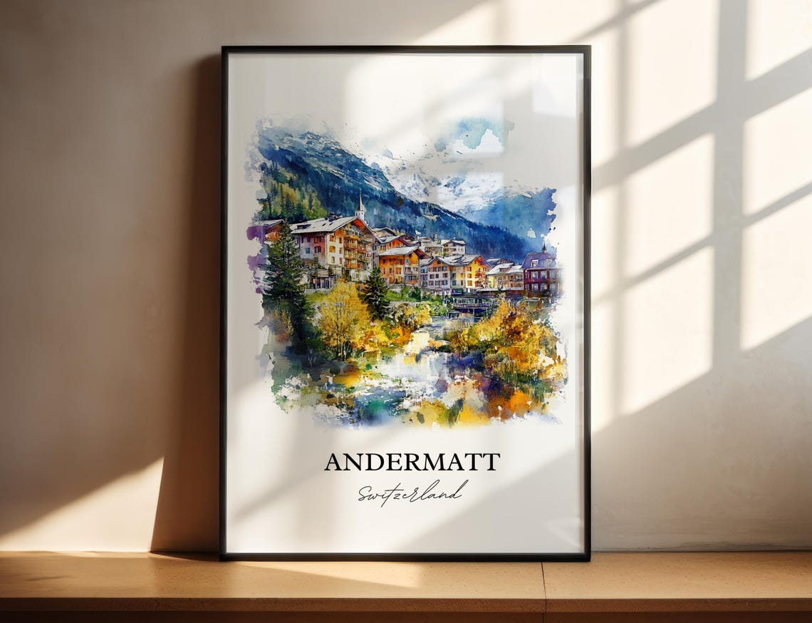 Andermatt Switzerland Alpine Village Watercolor Mountain Travel Poster