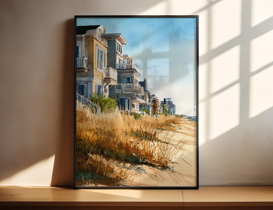 Rehoboth Beach Delaware Watercolor Beach Houses Dunes Seaside Wall Art