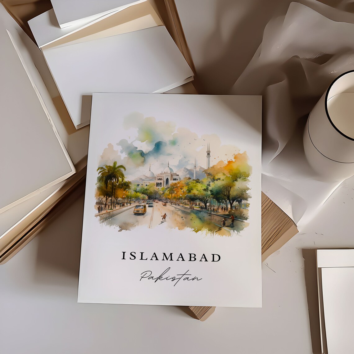 Islamabad Pakistan Watercolor Tree Lined Street Mosque Travel Gift Poster - Image 7