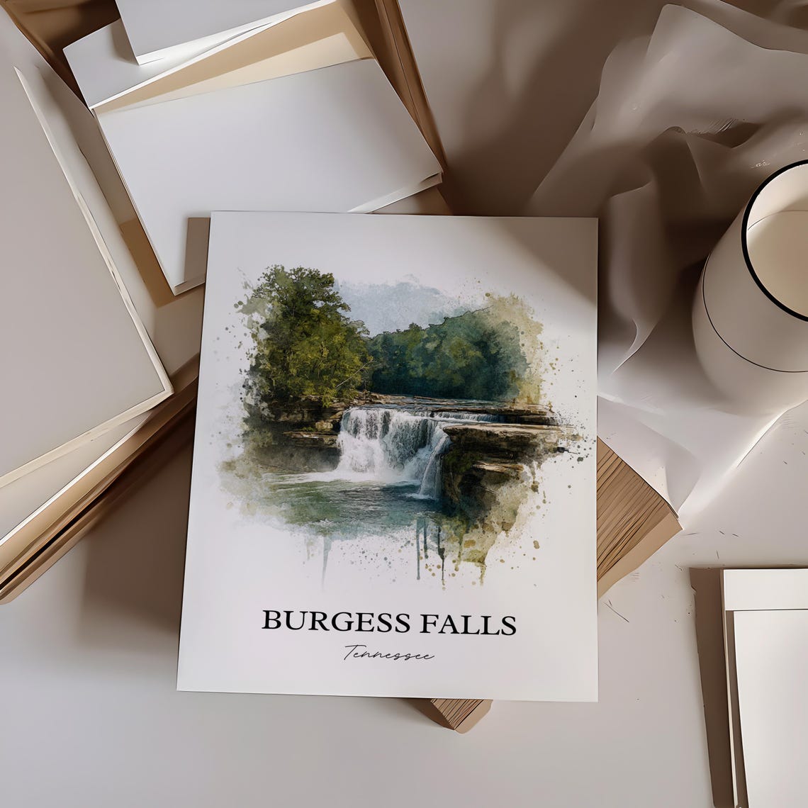 Burgess Falls Tennessee State Park Waterfall Watercolor Travel Poster - Image 2