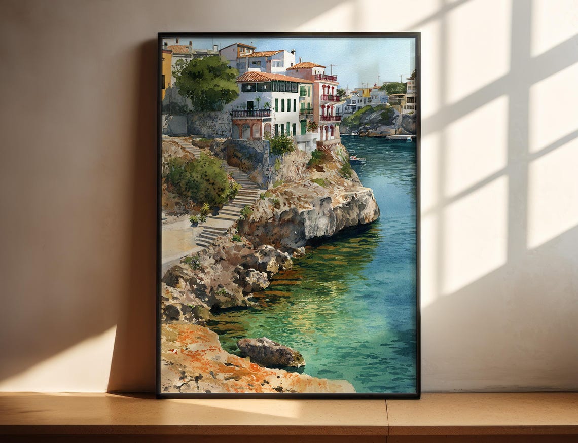 Menorca Spain Rocky Cove Watercolor Travel Poster Seaside Houses View