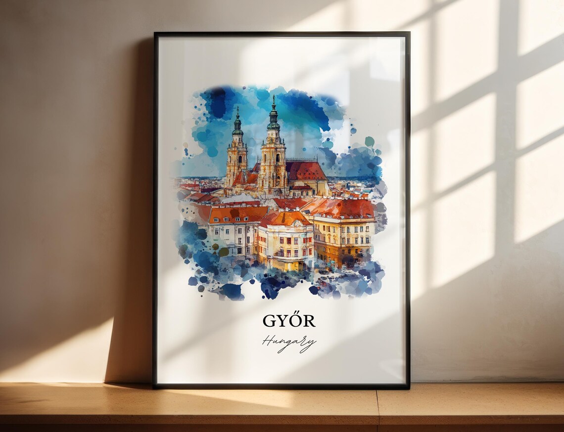 Gyor Hungary Watercolor Cathedral Twin Towers City Skyline Poster