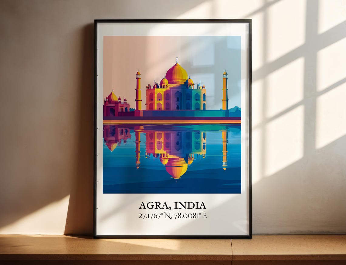 Agra India Taj Mahal Reflection Retro Travel Coordinates Art Poster