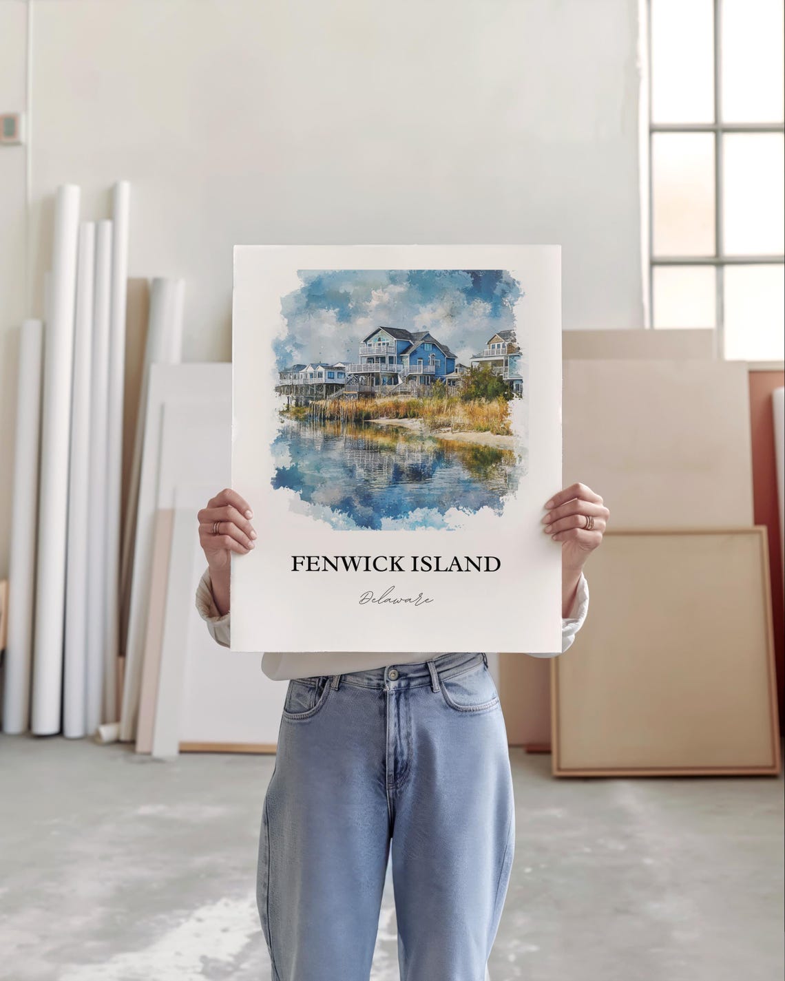 Fenwick Island Delaware Beach Houses Bayfront Watercolor Poster - Image 5