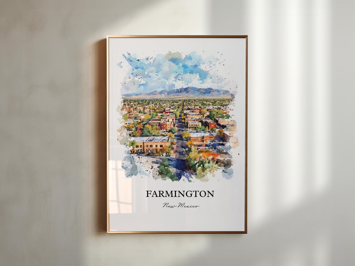 Farmington New Mexico Watercolor Cityscape Mountain View Travel Poster - Image 2
