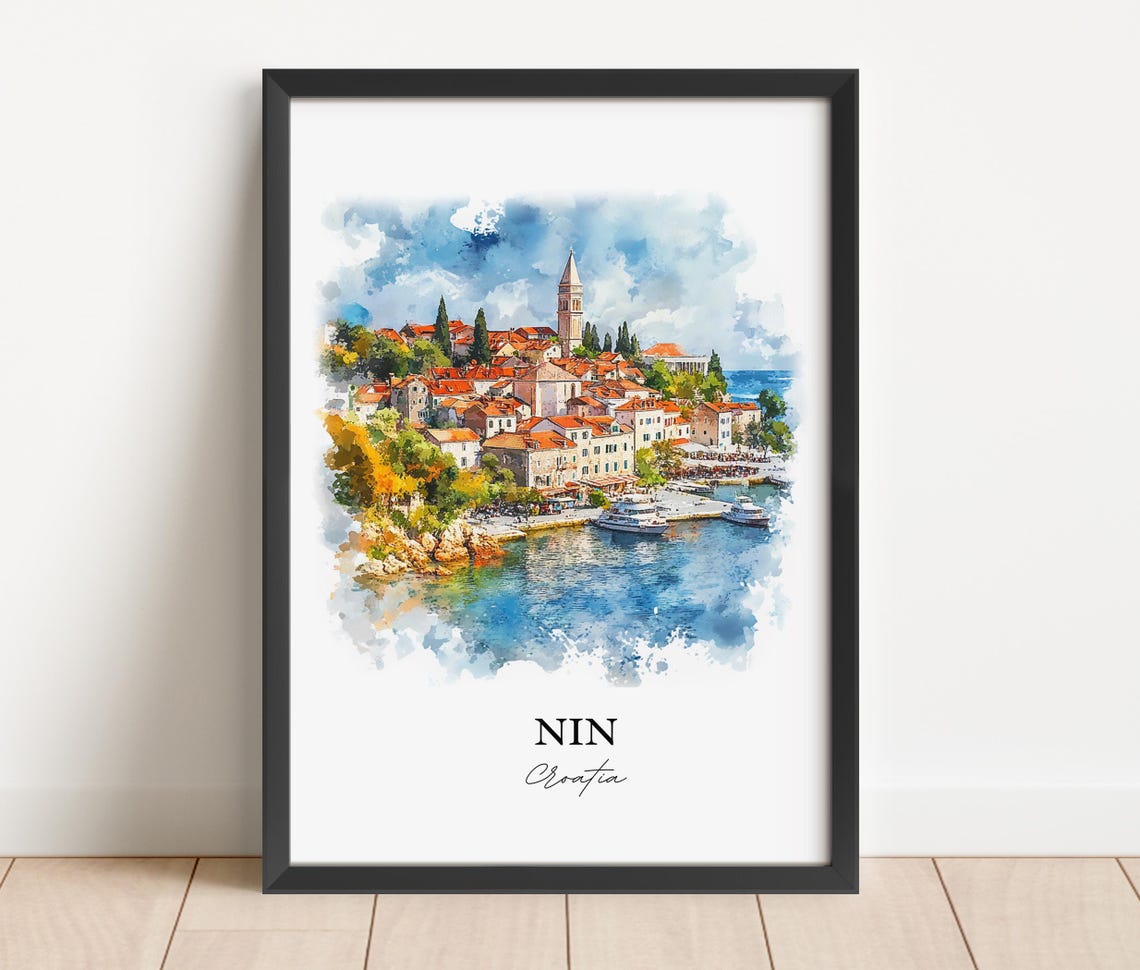 Nin Croatia Coastal Old Town Bell Tower Sea View Watercolor Poster - Image 5