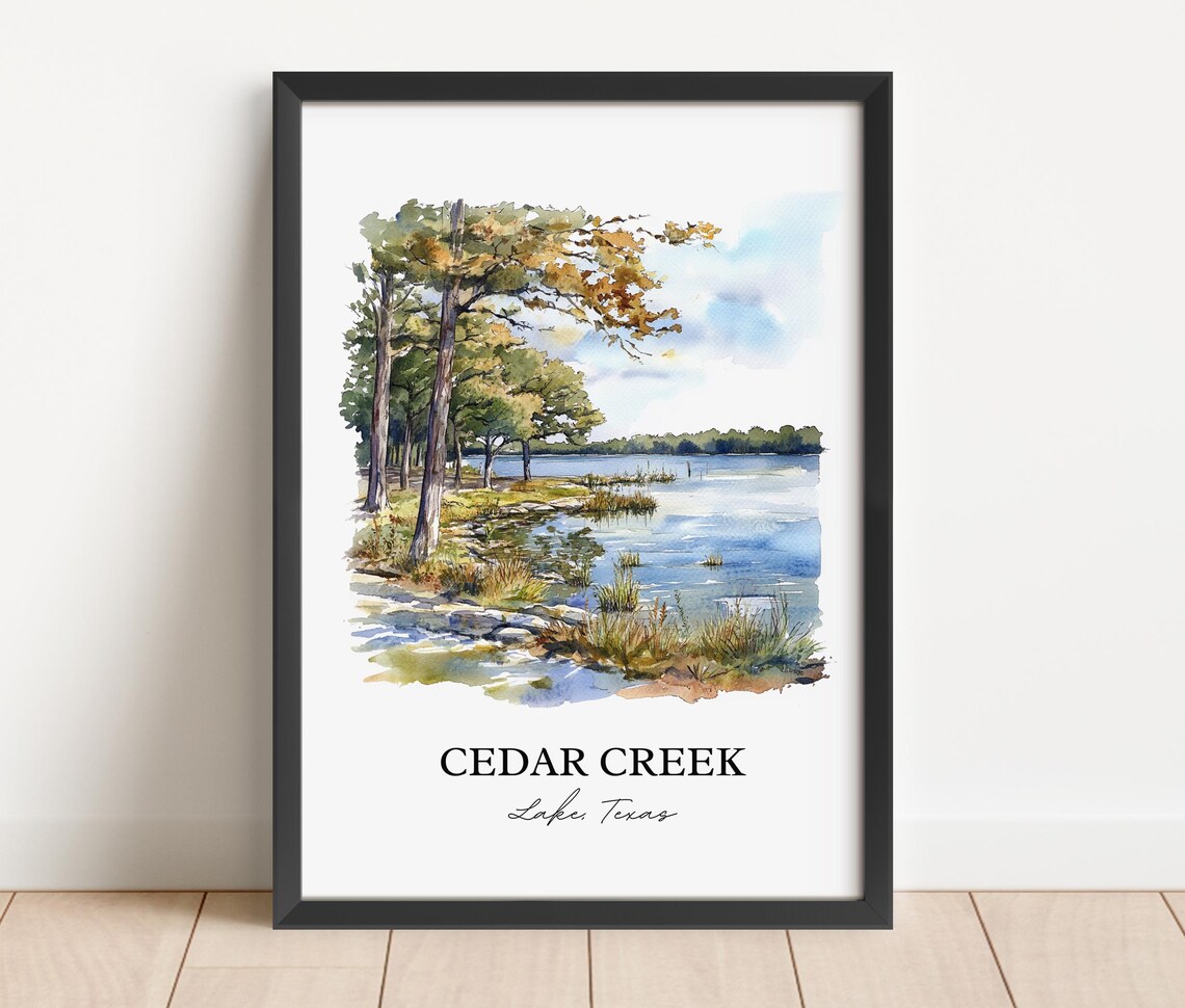 Cedar Creek Lake Texas Pine Shoreline Scenic Watercolor Poster - Image 4