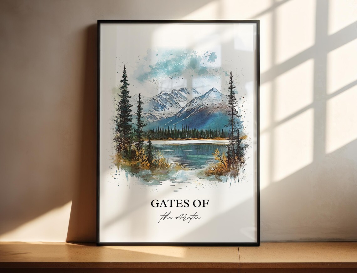Gates of the Arctic Alaska Mountain Lake Wilderness Watercolor Poster