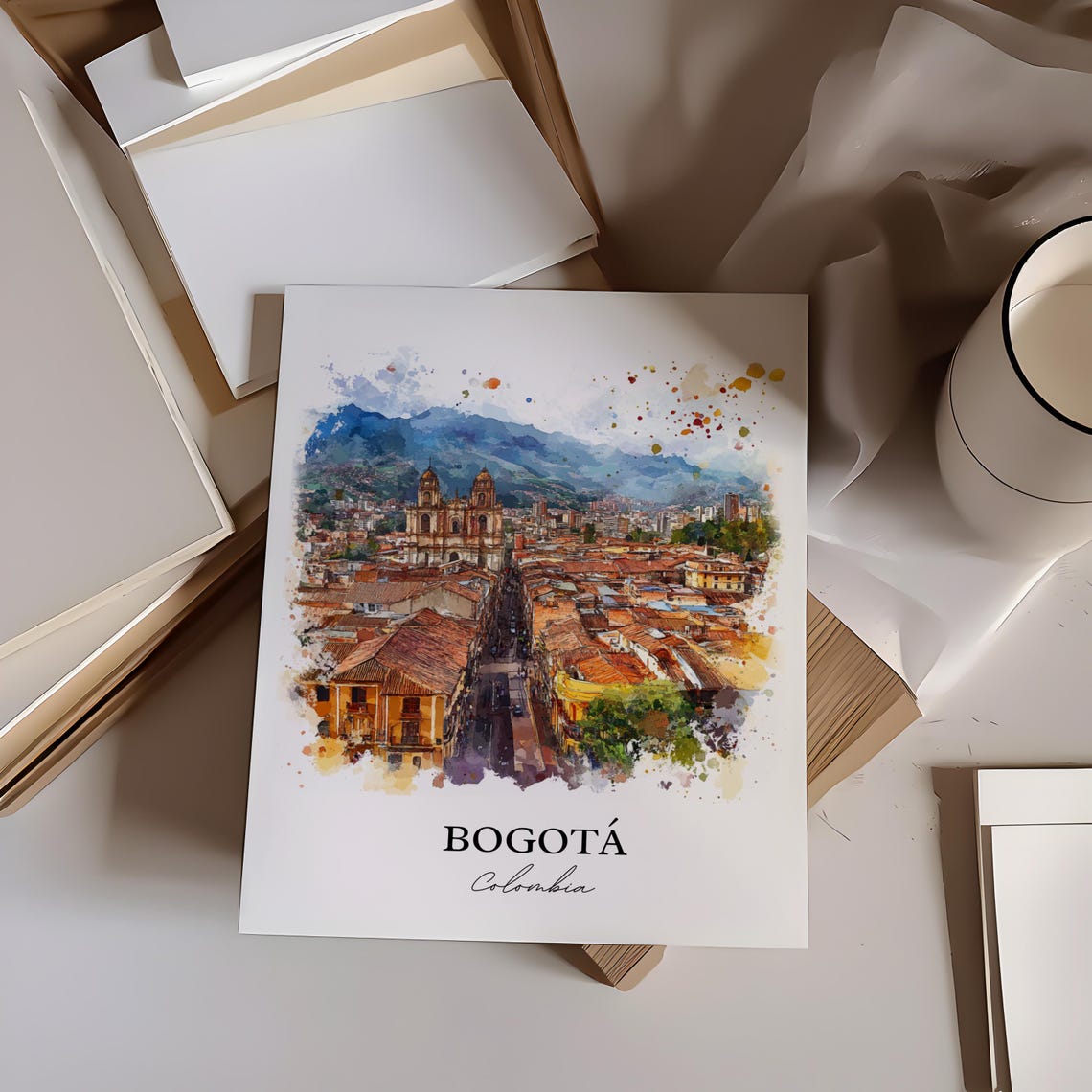 Bogota Colombia Old Town Aerial View Watercolor Travel Poster - Image 2