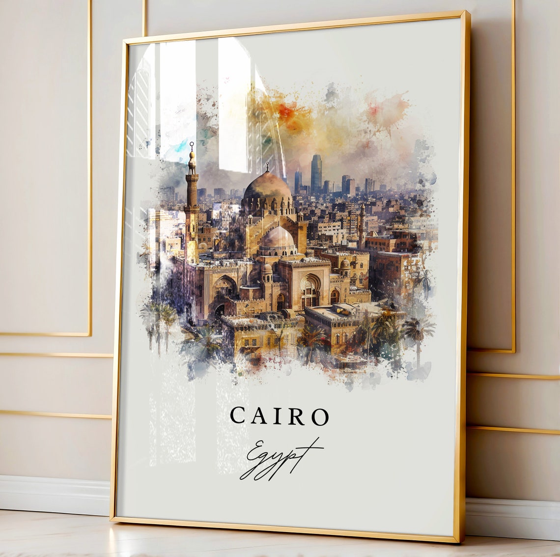 Cairo Egypt Watercolor Historic Mosque Skyline Travel Poster - Image 4