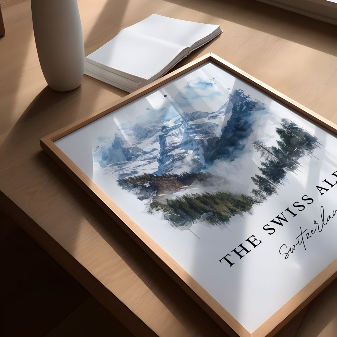 The Swiss Alps Switzerland Watercolor Snow Peaks Pines Poster - Image 5