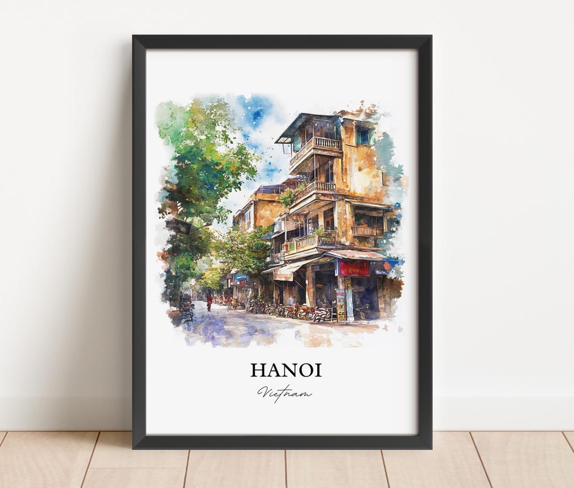 Hanoi Vietnam Old Quarter Street Scene Watercolor Travel Poster - Image 5