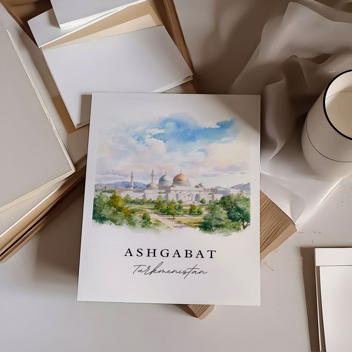 Ashgabat Turkmenistan Watercolor Grand White Mosque City Poster - Image 6