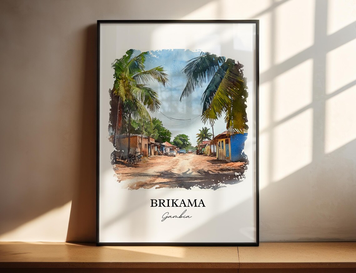 Brikama Gambia Village Road Palm Trees Watercolor Travel Poster
