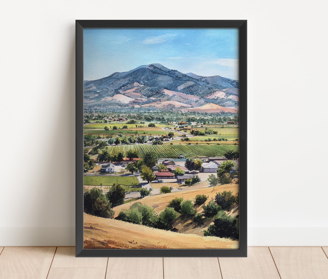 Paso Robles California Valley Vineyards Mountain Landscape Watercolor Poster