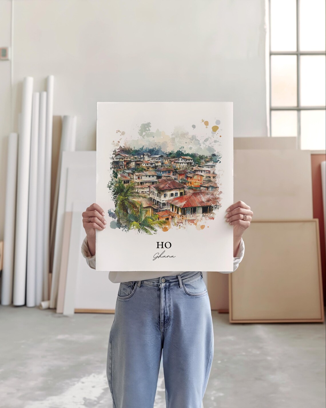 Ho Ghana Watercolor Cityscape African Town Hills View Poster - Image 5