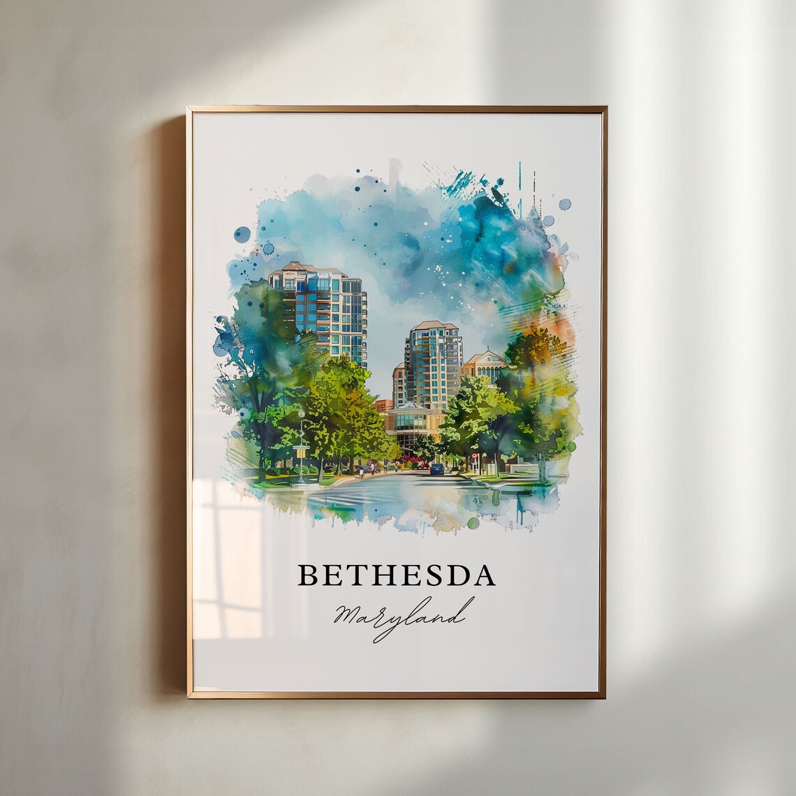 Bethesda Maryland Downtown Skyline Watercolor City Travel Poster