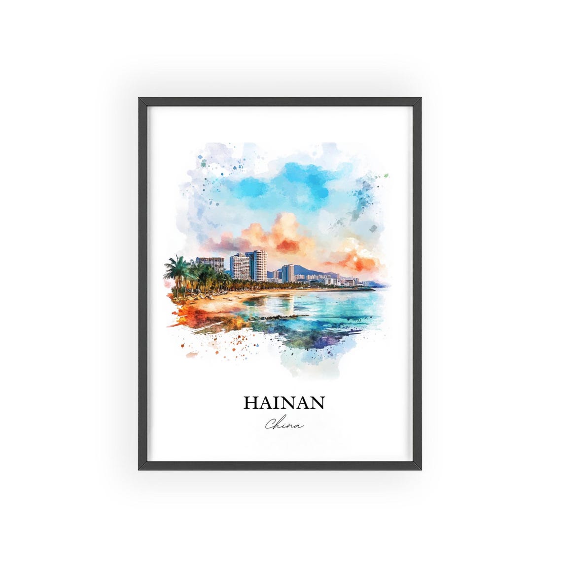 Hainan China Watercolor Beach Skyline Tropical Sunset Poster - Image 2