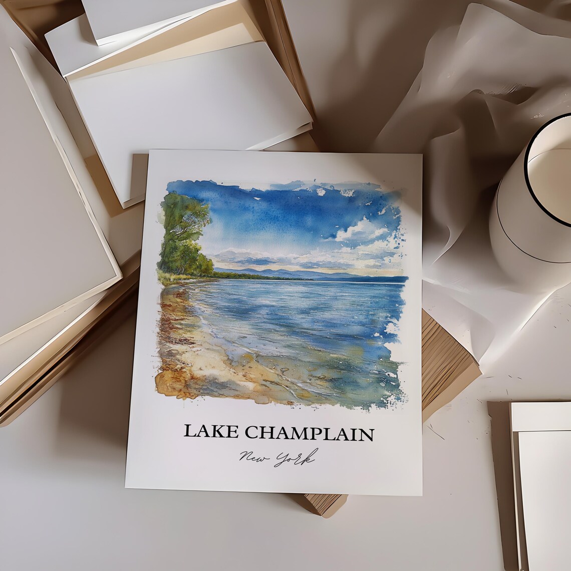 Lake Champlain New York Watercolor Calm Shoreline Scene Poster - Image 5