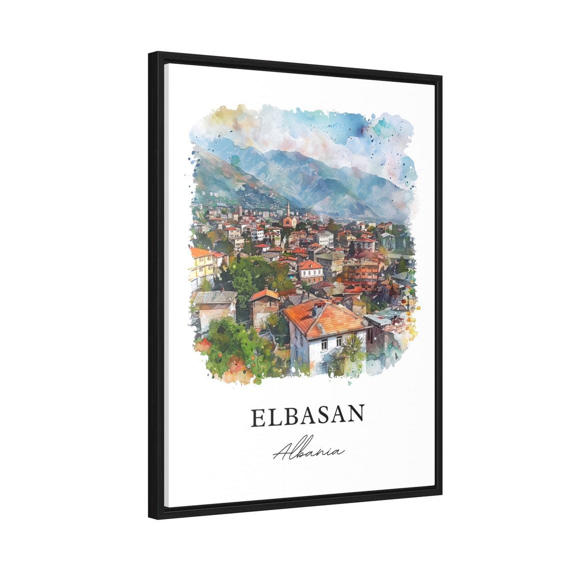 Elbasan Albania Mountain City Rooftops Watercolor Travel Poster - Image 2