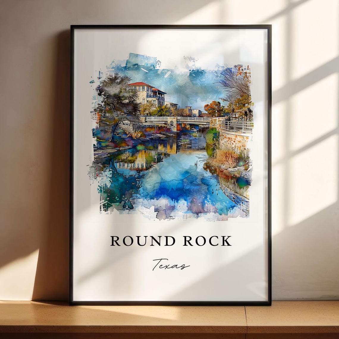 Round Rock Texas Watercolor Creek Bridge Reflection Scene Poster - Image 4