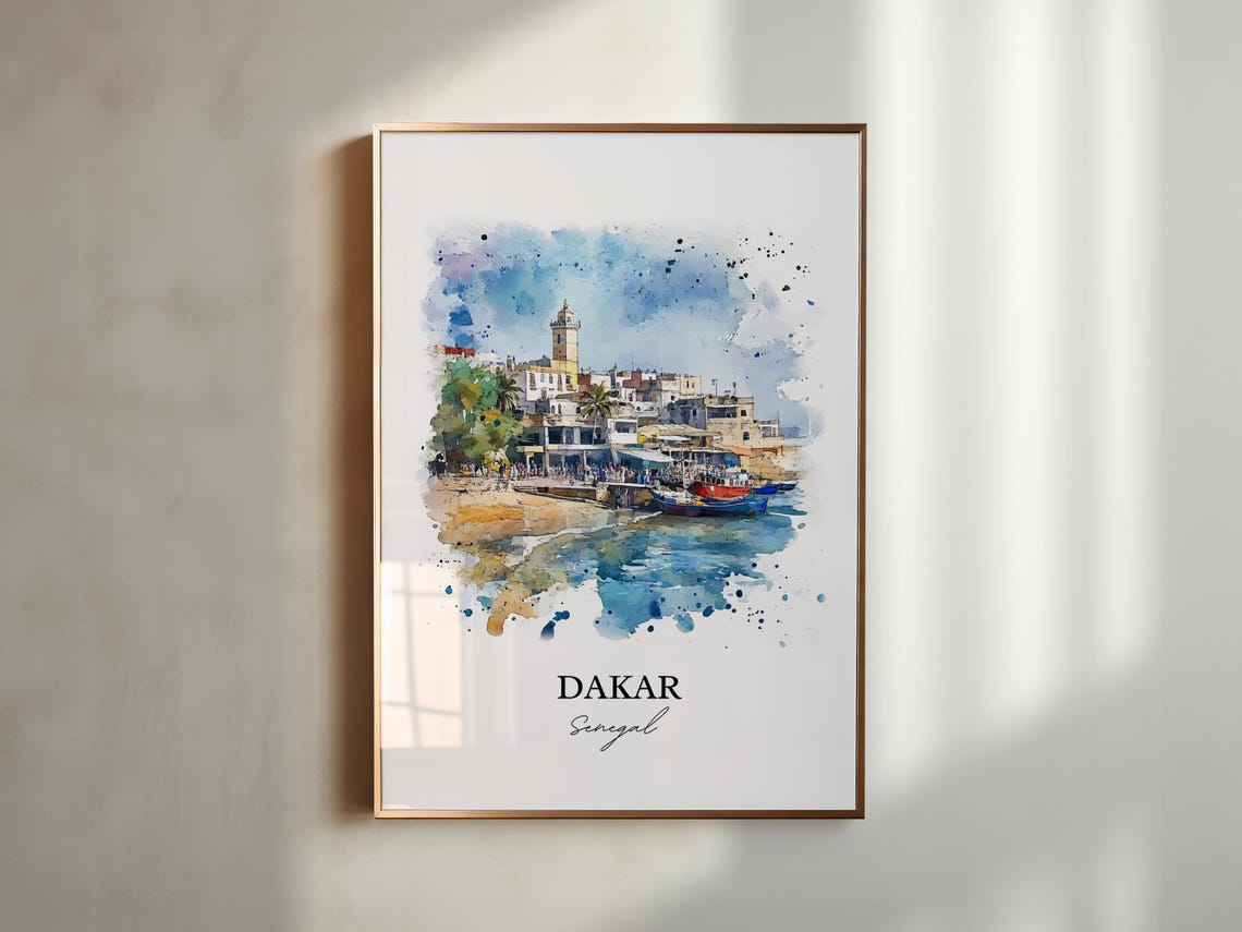Dakar Senegal Harbor Fishing Boats Waterfront Watercolor Poster - Image 2