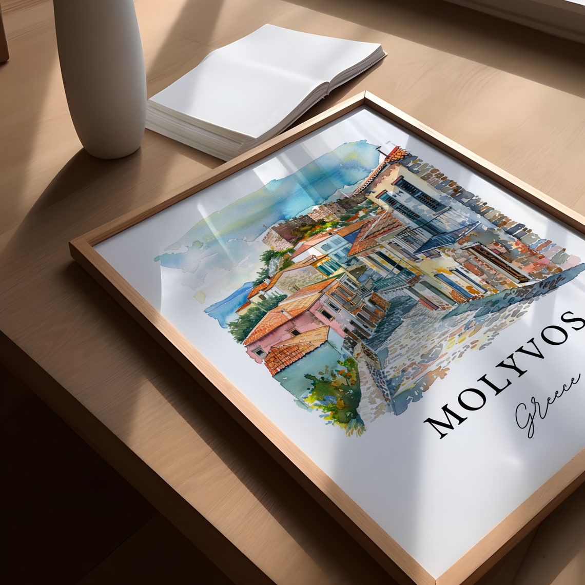 Molyvos Greece Cobblestone Street Castle Watercolor Village Poster - Image 5
