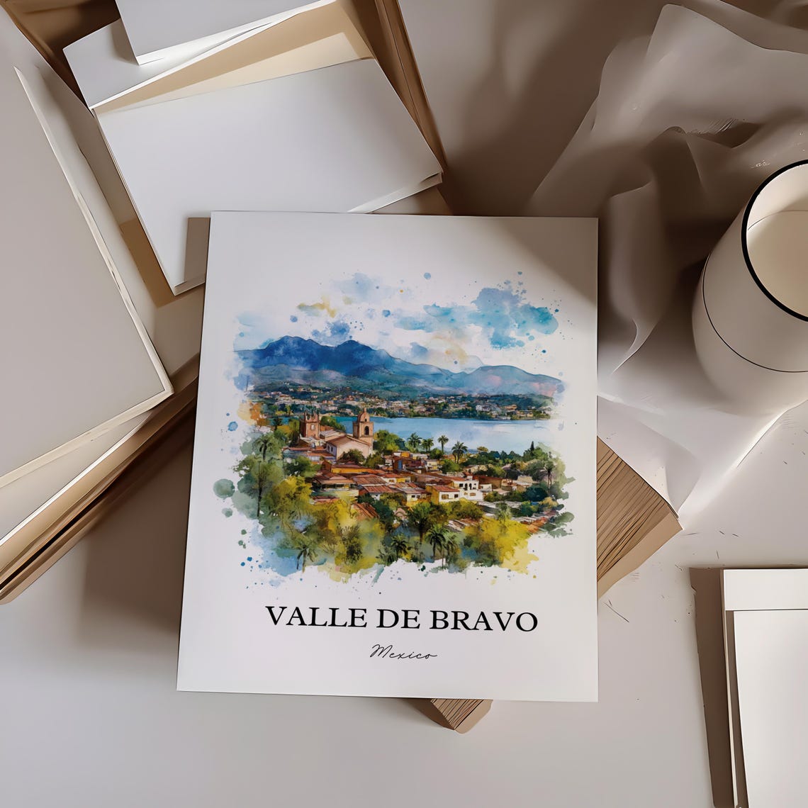 Valle De Bravo Wall Art Lake Avndaro Print Mexico Watercolor Gift Travel Poster Housewarming - Image 4