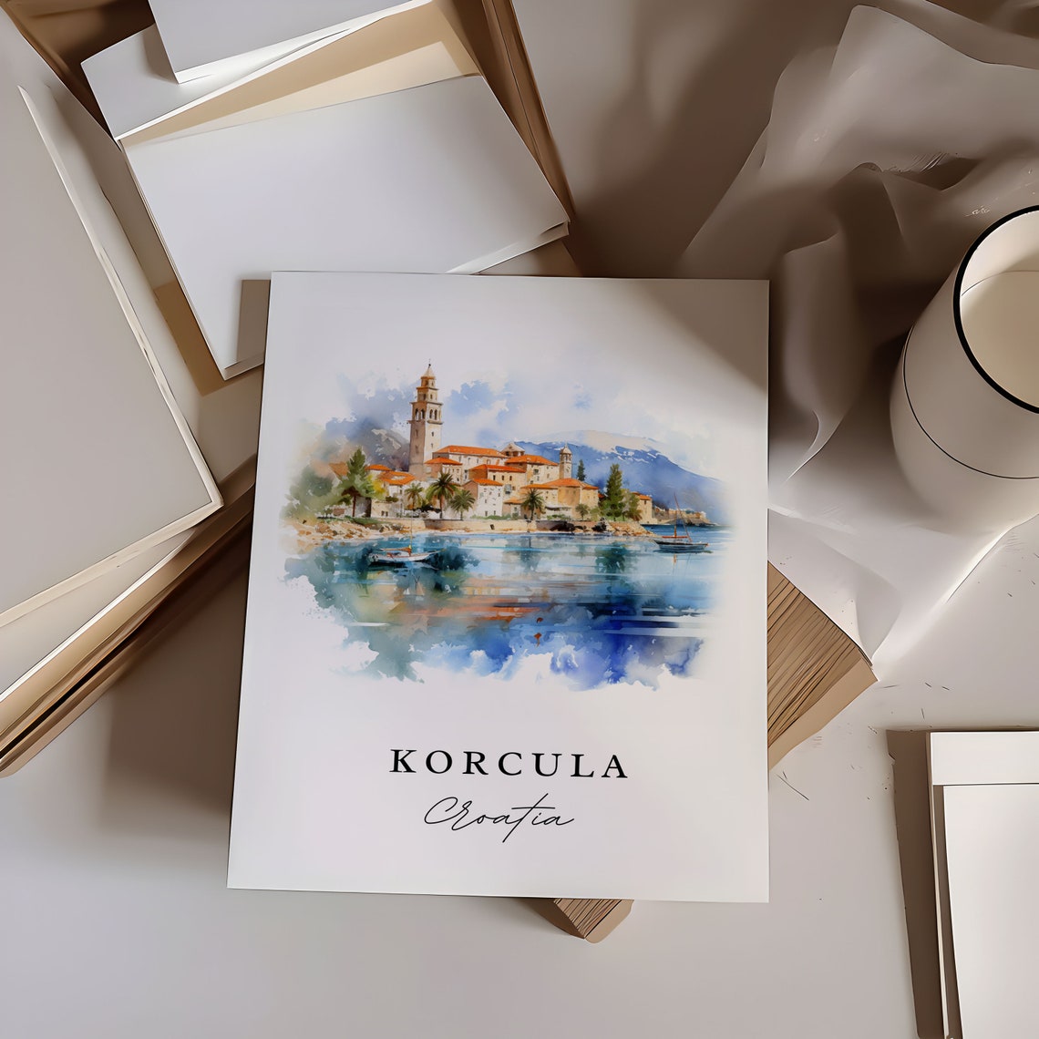 Korcula Croatia Island Old Town Bell Tower Watercolor Poster - Image 5