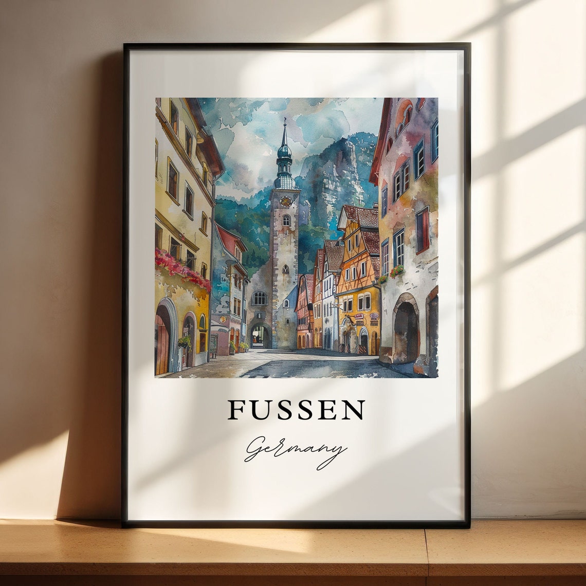 Fussen Germany Watercolor Old Town Clock Tower Mountains Poster