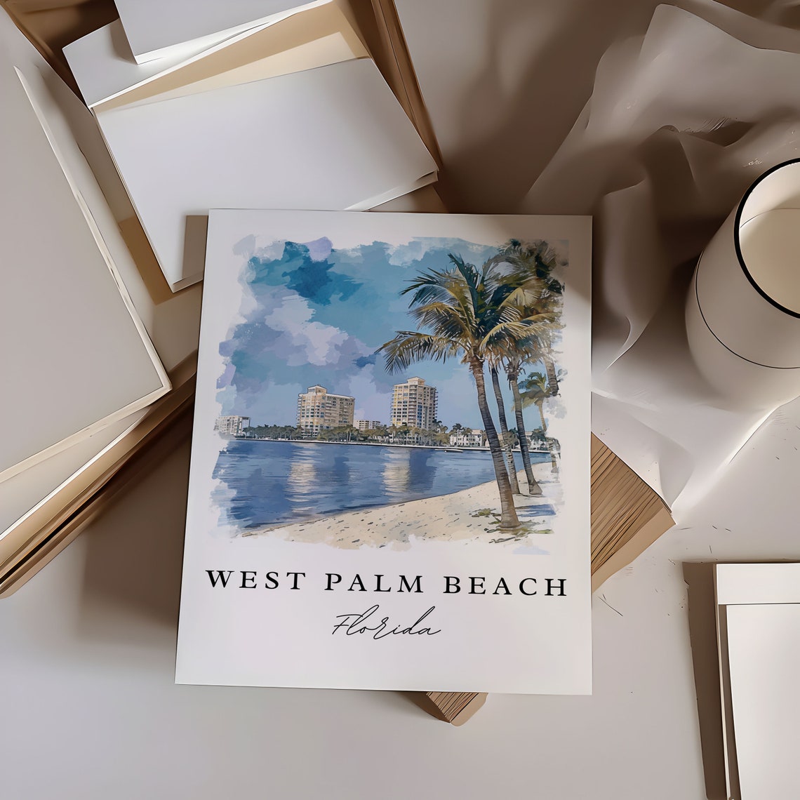 West Palm Beach Florida Palms Skyline Watercolor Travel Poster - Image 6