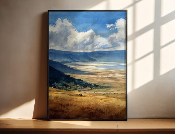 Ngorongoro Crater Watercolor Art Travel Print Tanzania Artwork Decor Wall