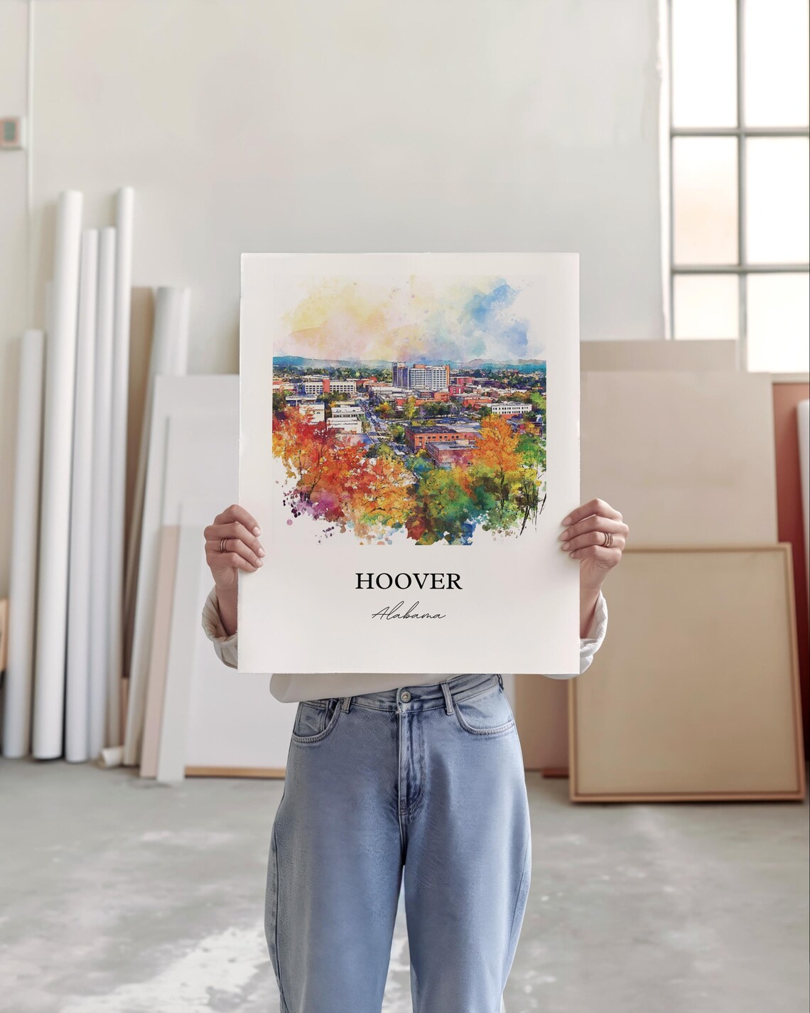 Hoover Alabama City Skyline Autumn Trees Cityscape Watercolor Poster - Image 5