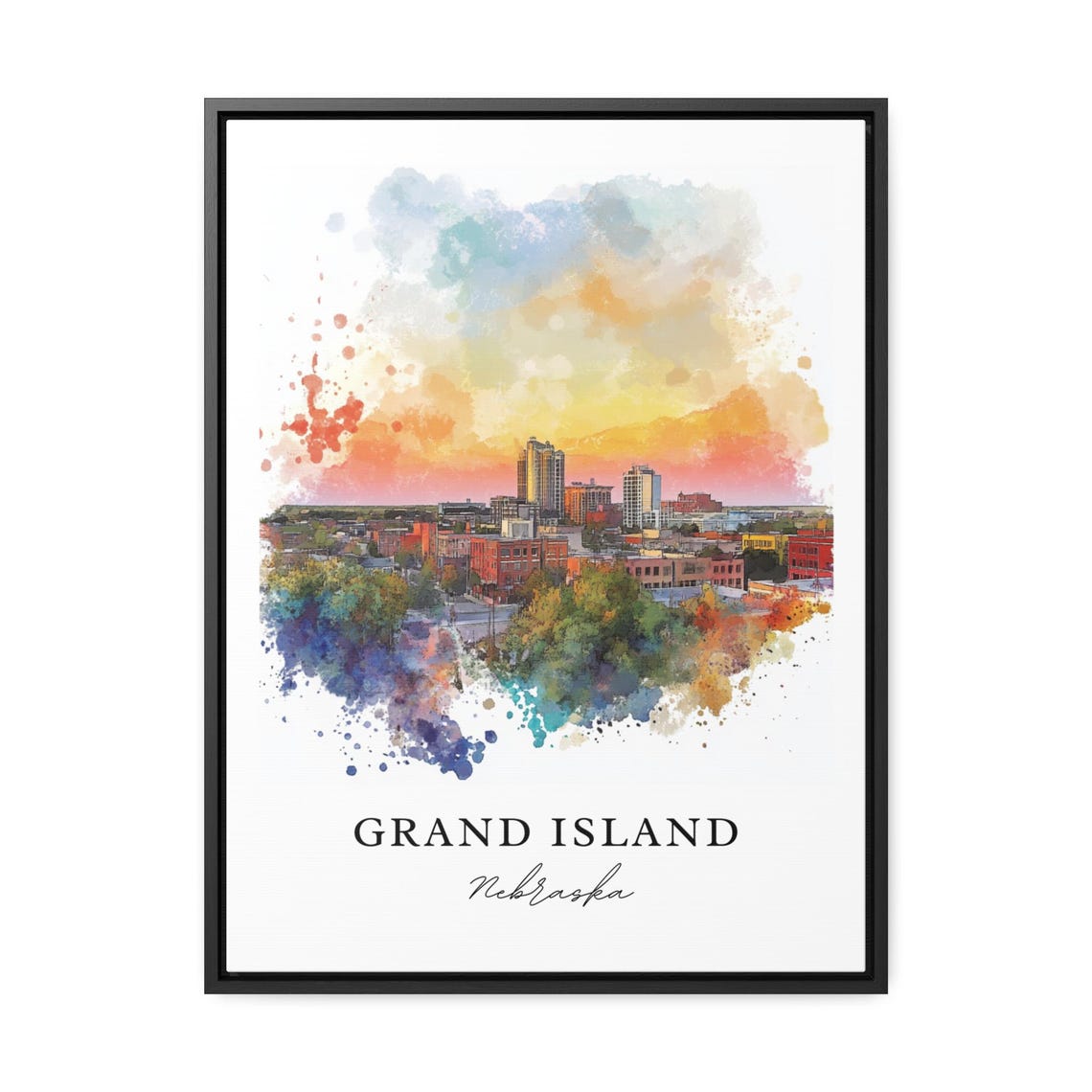 Grand Island Nebraska Skyline Sunset Watercolor Travel Poster