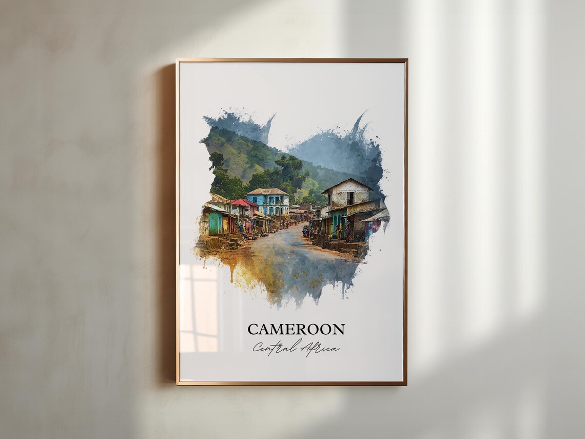 Cameroon Central Africa Hill Town Street Watercolor Travel Poster - Image 5