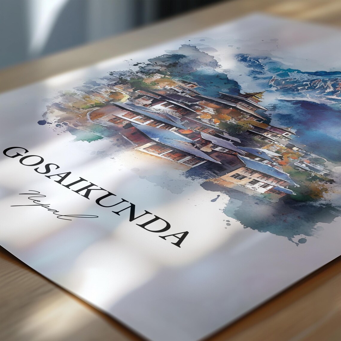Gosaikunda Nepal Watercolor Snow Peak Mountain Village Travel Poster - Image 7