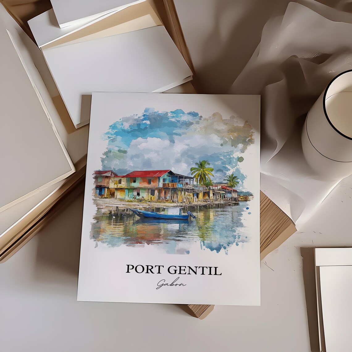 Port Gentil Gabon Waterfront Stilt Houses Watercolor Art Poster - Image 3