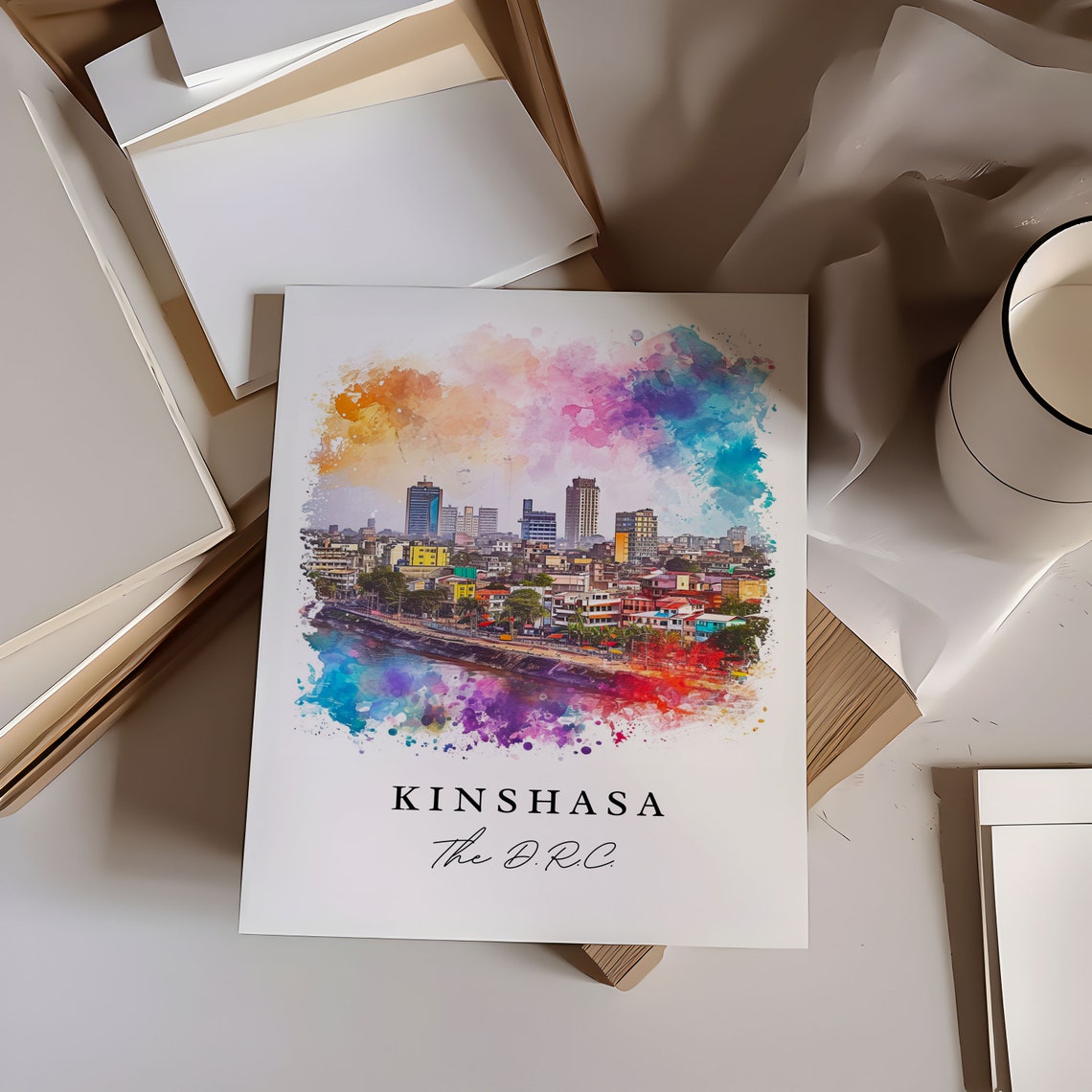 Kinshasa The DRC Riverfront Skyline Watercolor Travel Poster - Image 7